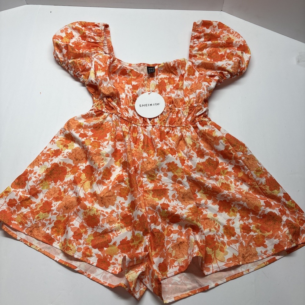 SHEIN Orange Floral Print One Piece Romper with‎ Puffy Ruffle Sleeves sz Sm NWT